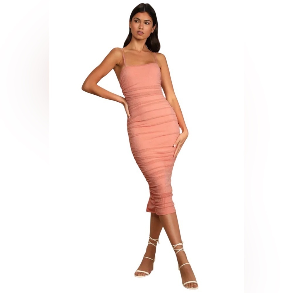 Lulu's Here to Dazzle Coral Metallic Ruched Mesh Bodycon Midi Dress - Large EUC